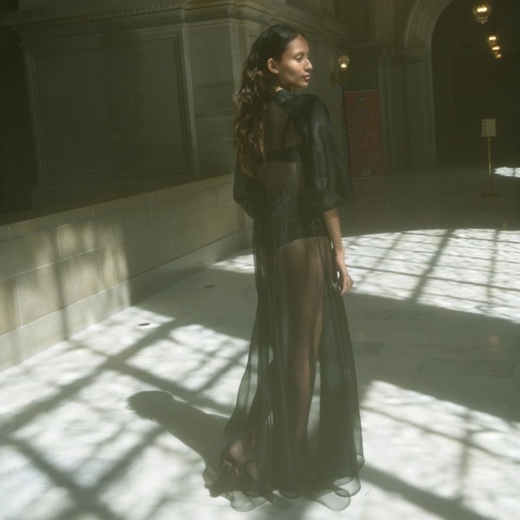 Vintage Other - Sheer Lace Robe Maxi Floor Length Front Tie Ribbon 3/4 Sleeve Balloon Sleeve